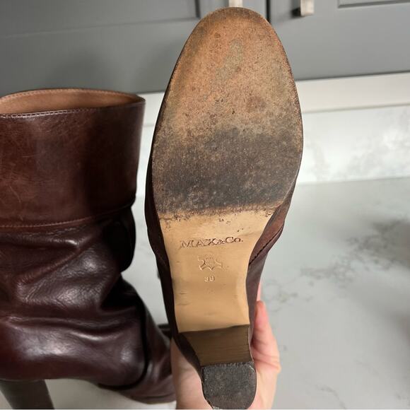 Max & Co Brown Leather Heeled Slouchy Mid Calf Boots Womens size 38 - Picture 6 of 14